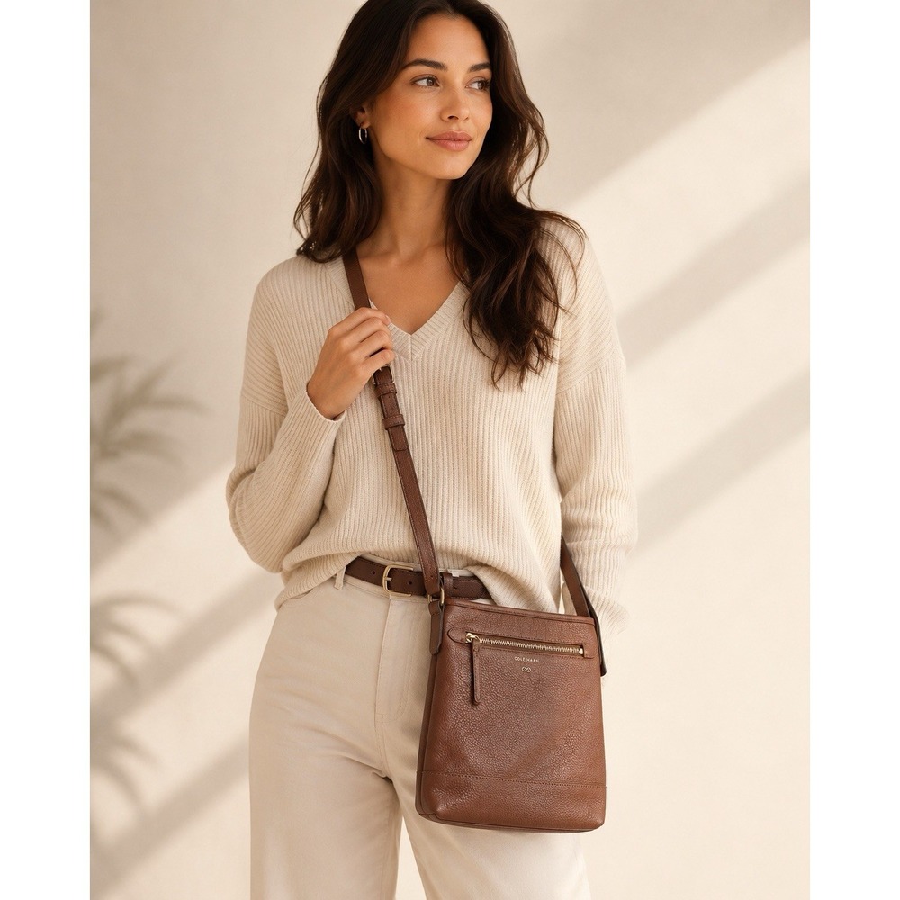 Cole Haan Brown Pebbled Leather Crossbody Bag Adjustable Strap Zip Pockets